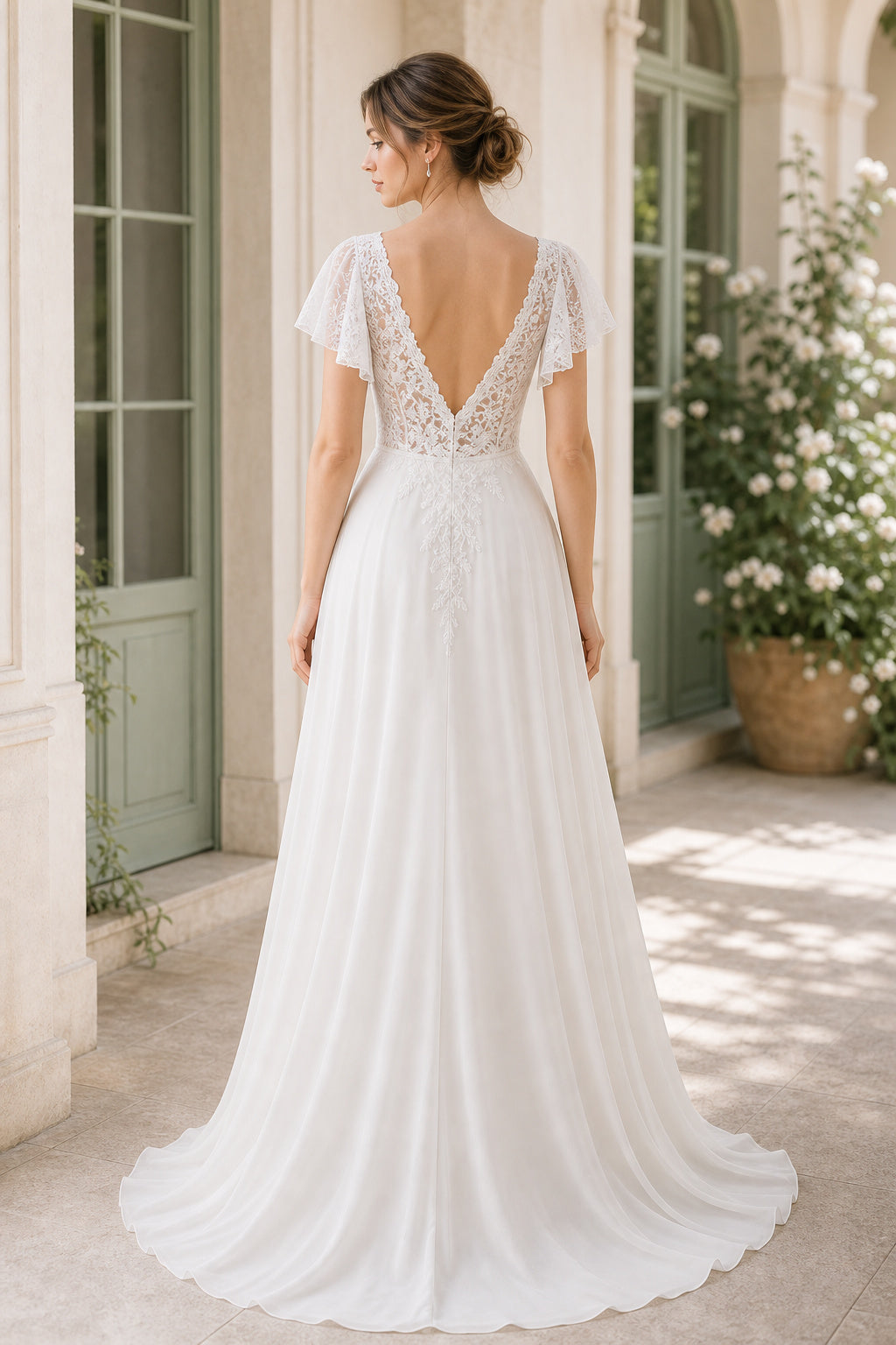 White V-neck Long Sleeves A-Line Satin Floor-length Wedding Dress With Open Back and Lace Bodice Lace Hem Detail