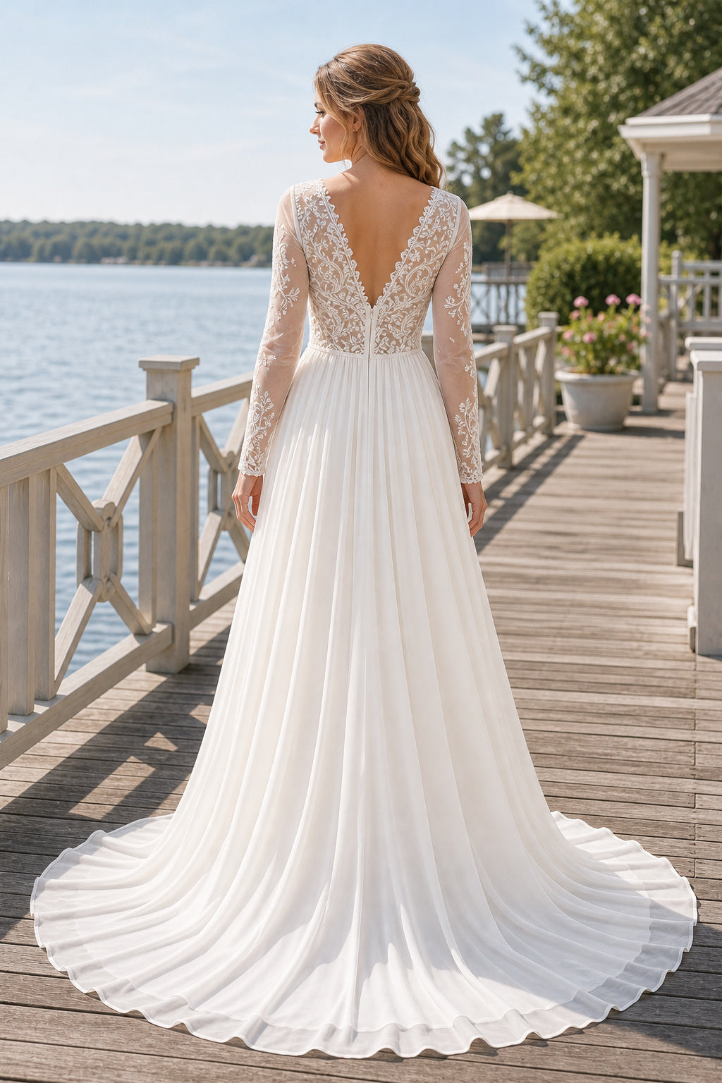White Scoop Three-Quarter Sleeves A-Line Satin Floor-length Wedding Dress With Open Back and Lace Bodice and Open Back
