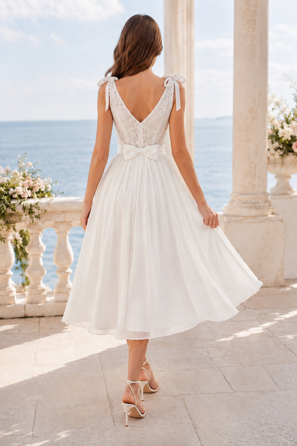 Ivory Tie Strap V-Neck Sleeveless Chiffon Lace Tea-Length Wedding Dress with Tie Straps and Chiffon Midi Skirt back view