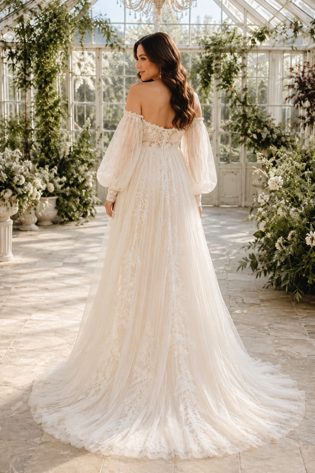 Ivory Maternity Off-the-Shoulder Lace A-Line Wedding Dress with Bishop Sleeves and Train back view