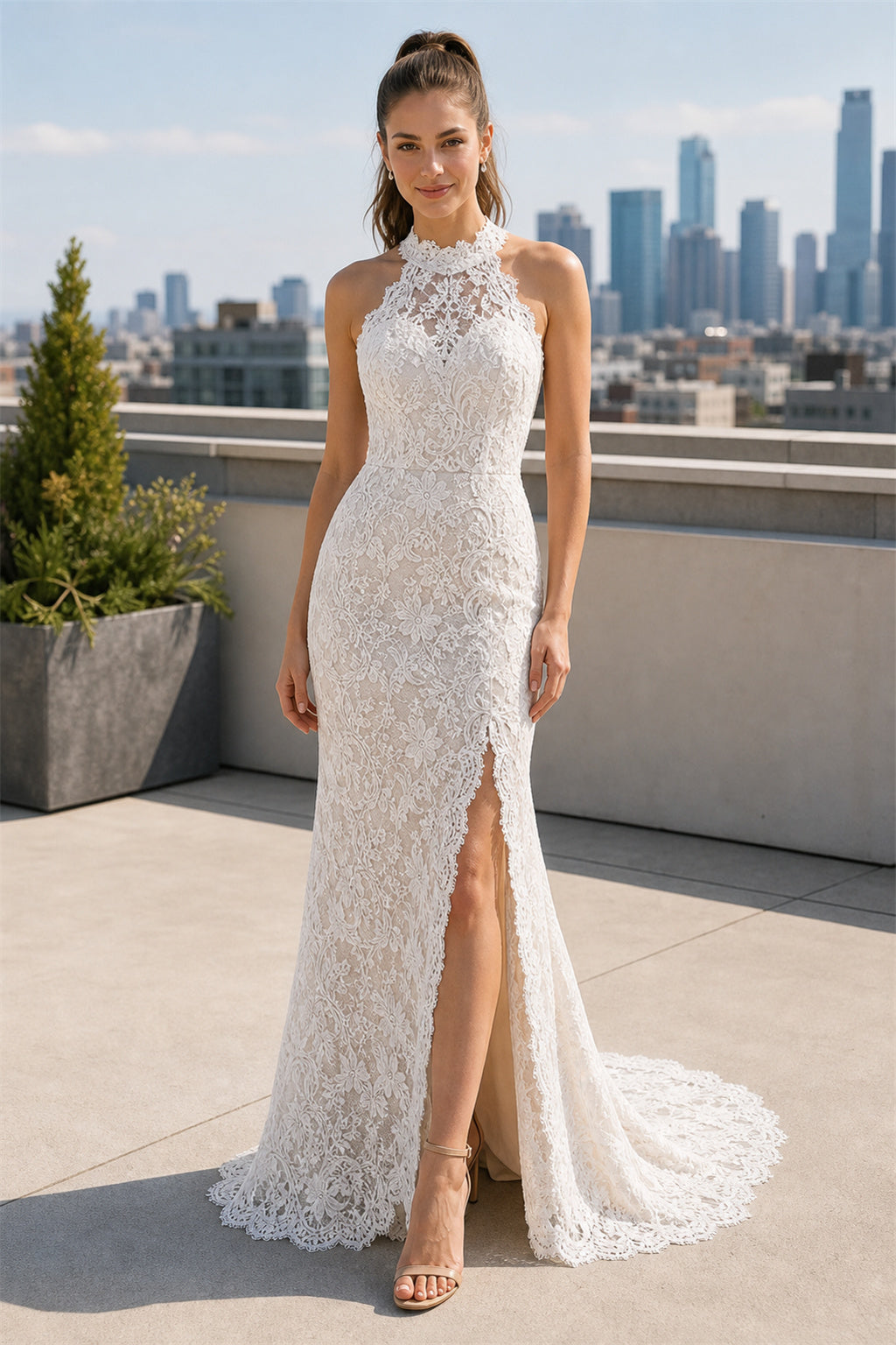 White Halter Sheath Lace Floor-length Wedding Dress With Lace and Front Slit and Lace-up Back