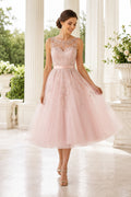 Blushing Pink Illusion Lace Jewel Neck Dress with Tea Length Tulle Skirt Tea Length A-Line Homecoming Dress front view