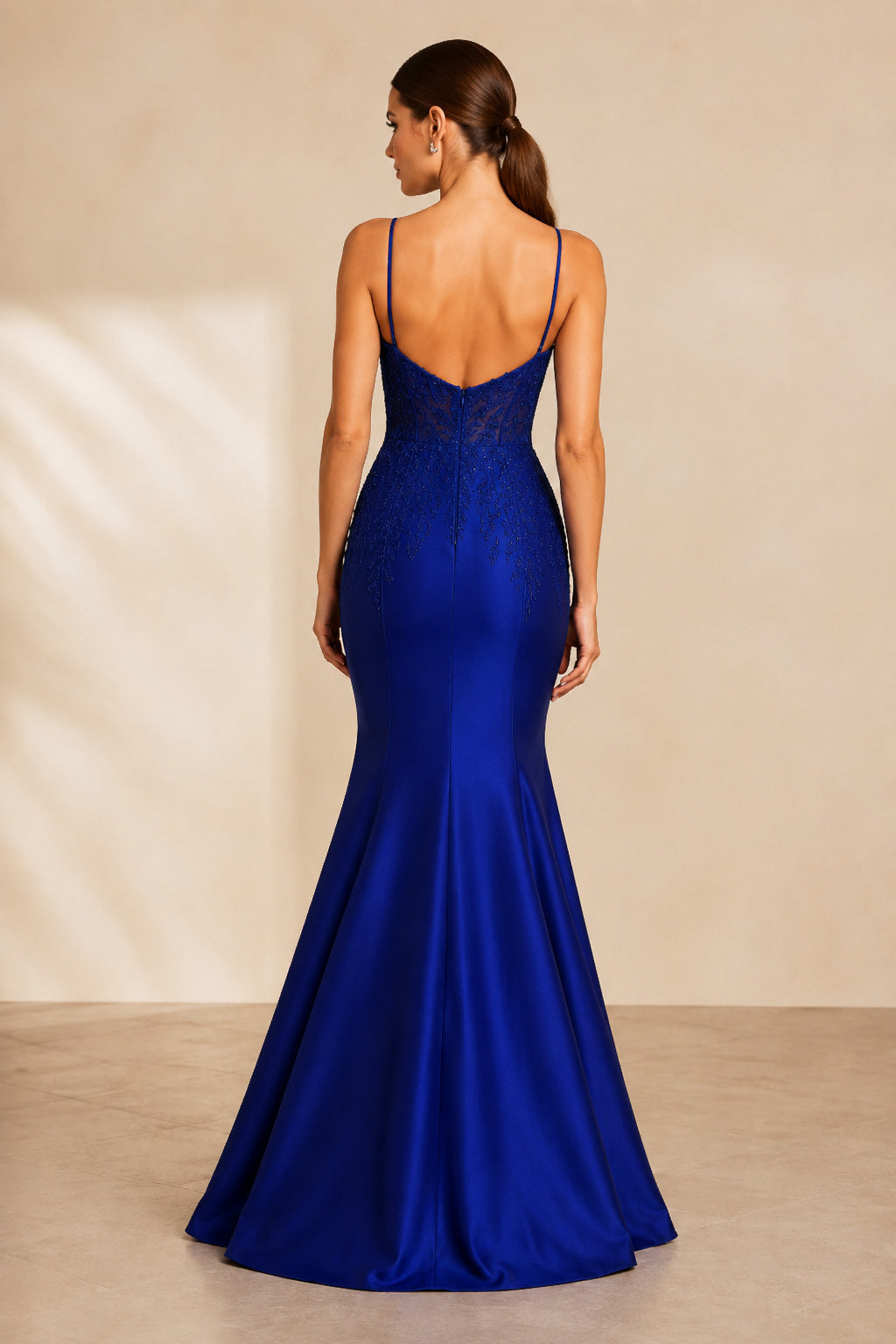 Royal Blue spaghetti strap stretch satin mermaid gown with sweetheart neckline and low back Floor-length Mermaid Trumpet Prom
