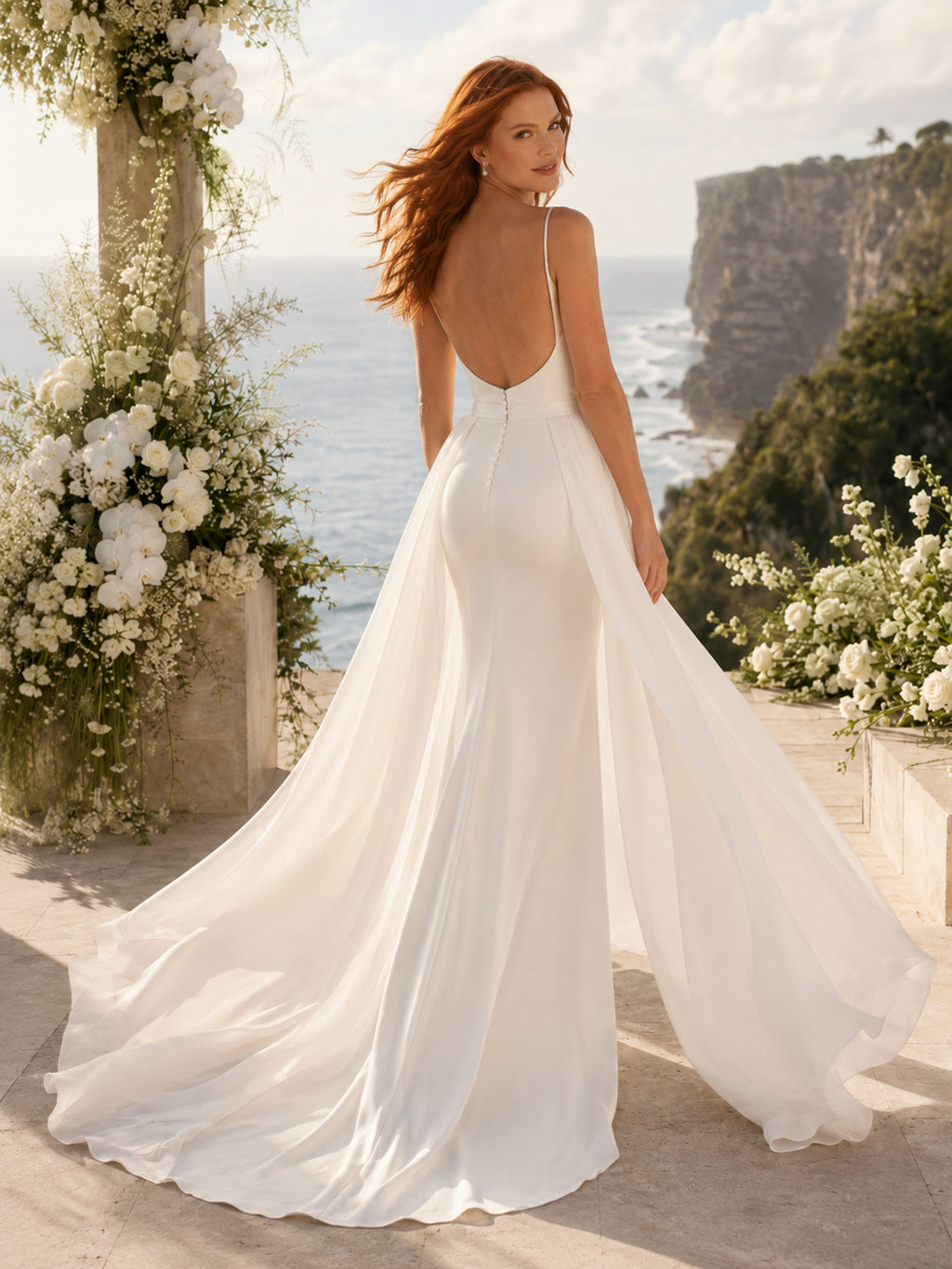 Modern Destination Cowl Spaghetti Strap Satin Sheath Chiffon Overskirt Sweep Train Wedding Gown back view