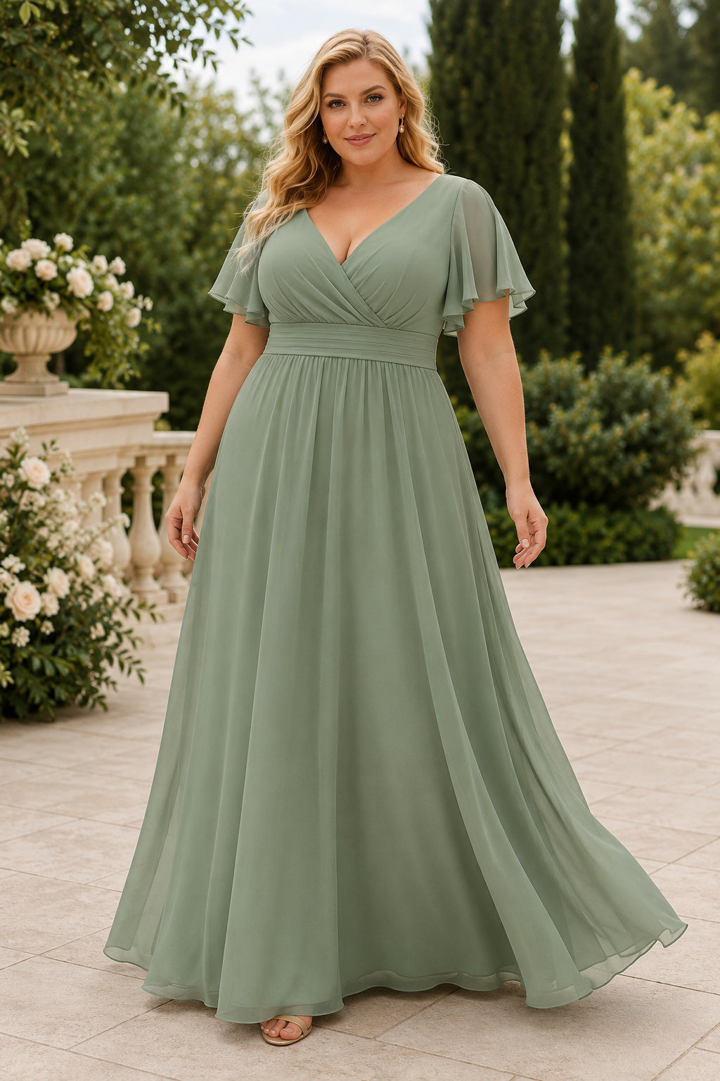 Sage Plus Size V-Neck Chiffon A-Line Bridesmaid Dress with Flutter Sleeves and Pleated Waist front view