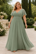 Sage Plus Size V-Neck Chiffon A-Line Bridesmaid Dress with Flutter Sleeves and Pleated Waist front view