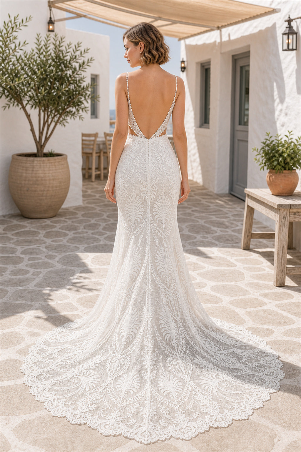 White Illusion Long Sleeves Mermaid Lace Floor-length Wedding Dress With Lace and Lace Bodice