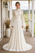 High Neck Long Sleeve A-Line Wedding Dress with Lace Appliques and Full Tulle Train front view