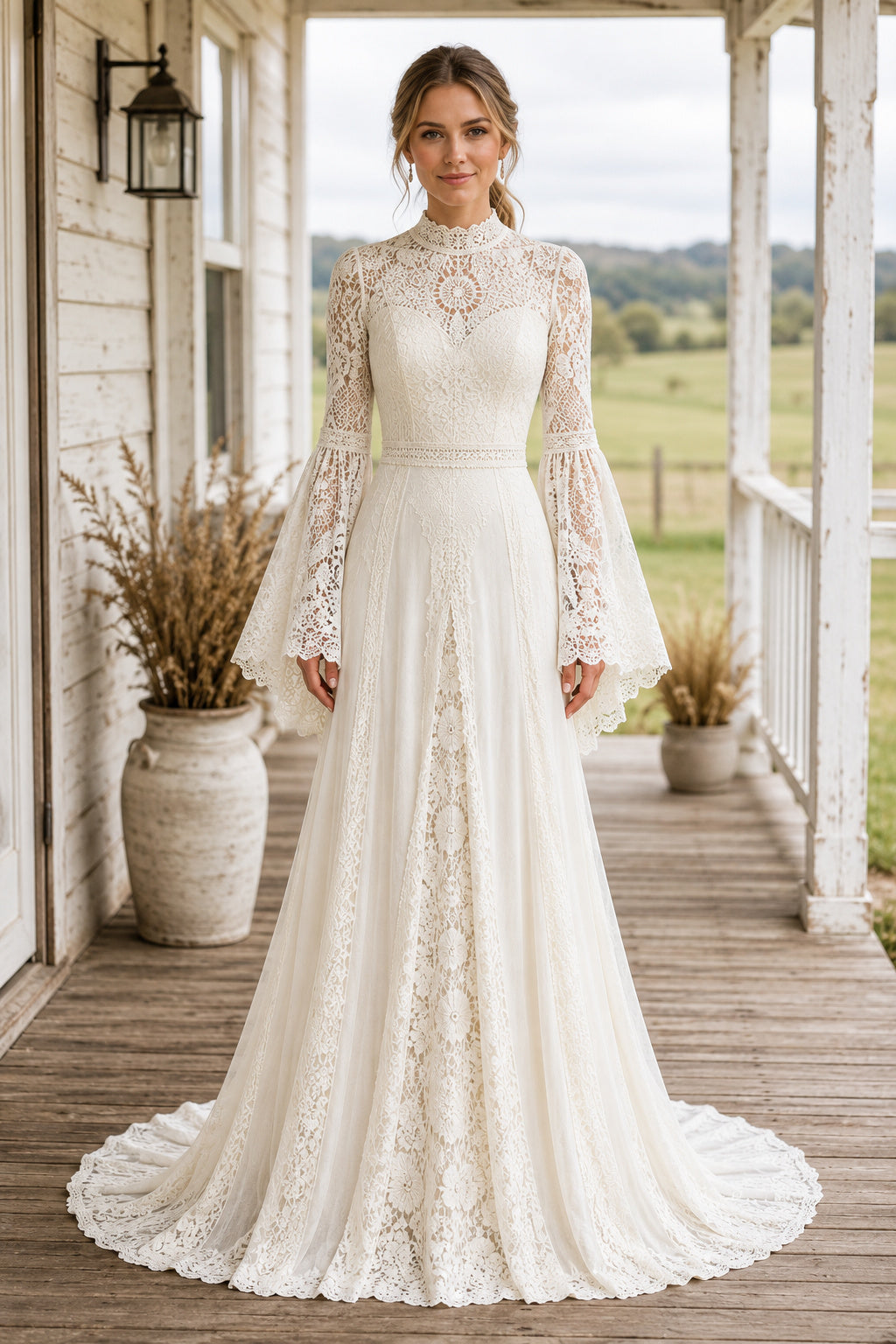 High Neck Long Sleeve A-Line Wedding Dress with Lace Appliques and Full Tulle Train front view