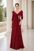 Burgundy Off-the-Shoulder Long Sleeve Sheath Chiffon Floor-Length Dress With Ruffle Front