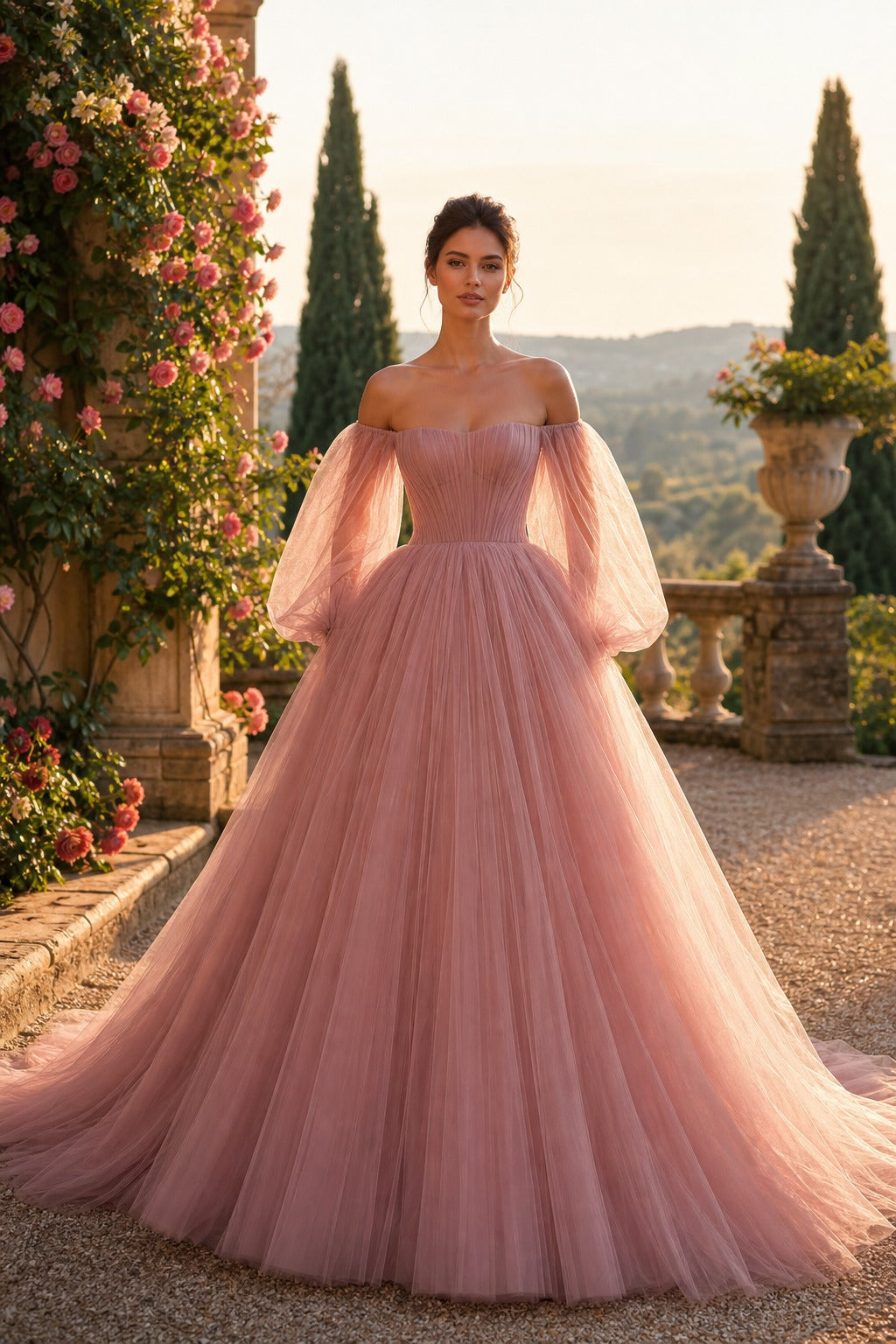Blush Off-the-Shoulder Floor-Length Tulle Ball Gown