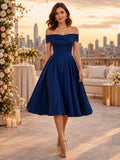 Dark Navy Satin Off-the-shoulder Tea-length A-Line Dress front view