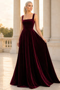 Burgundy Square Neck Velvet A-Line Formal Dress with Wide Straps front view