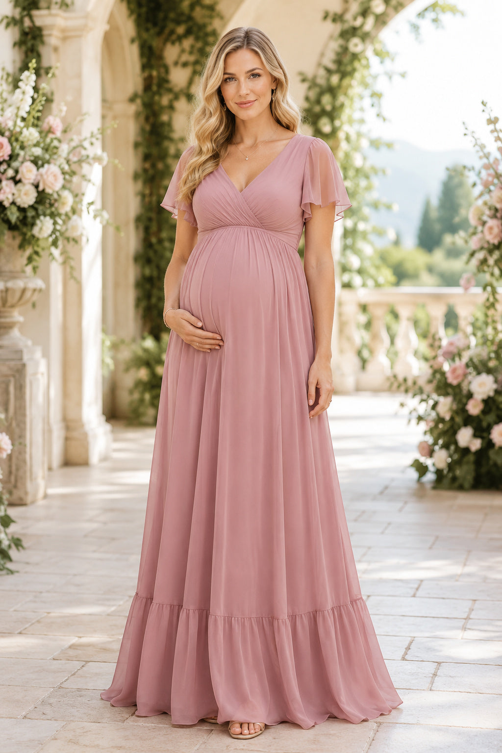 Dusty Rose Maternity Wedding Guest Empire Dress front view