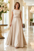 Champagne Bateau Satin Mother Dress with Sleeveless Bodice and Beaded Waist for Evening Reception front view