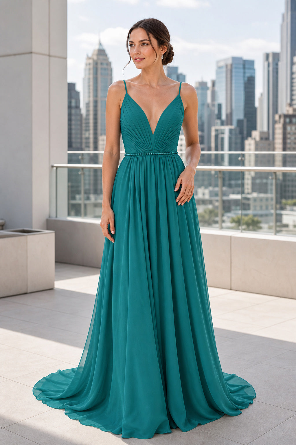 Teal V-neck A-Line Chiffon Floor-length Formal Dress With Pleats and Train and Open Back