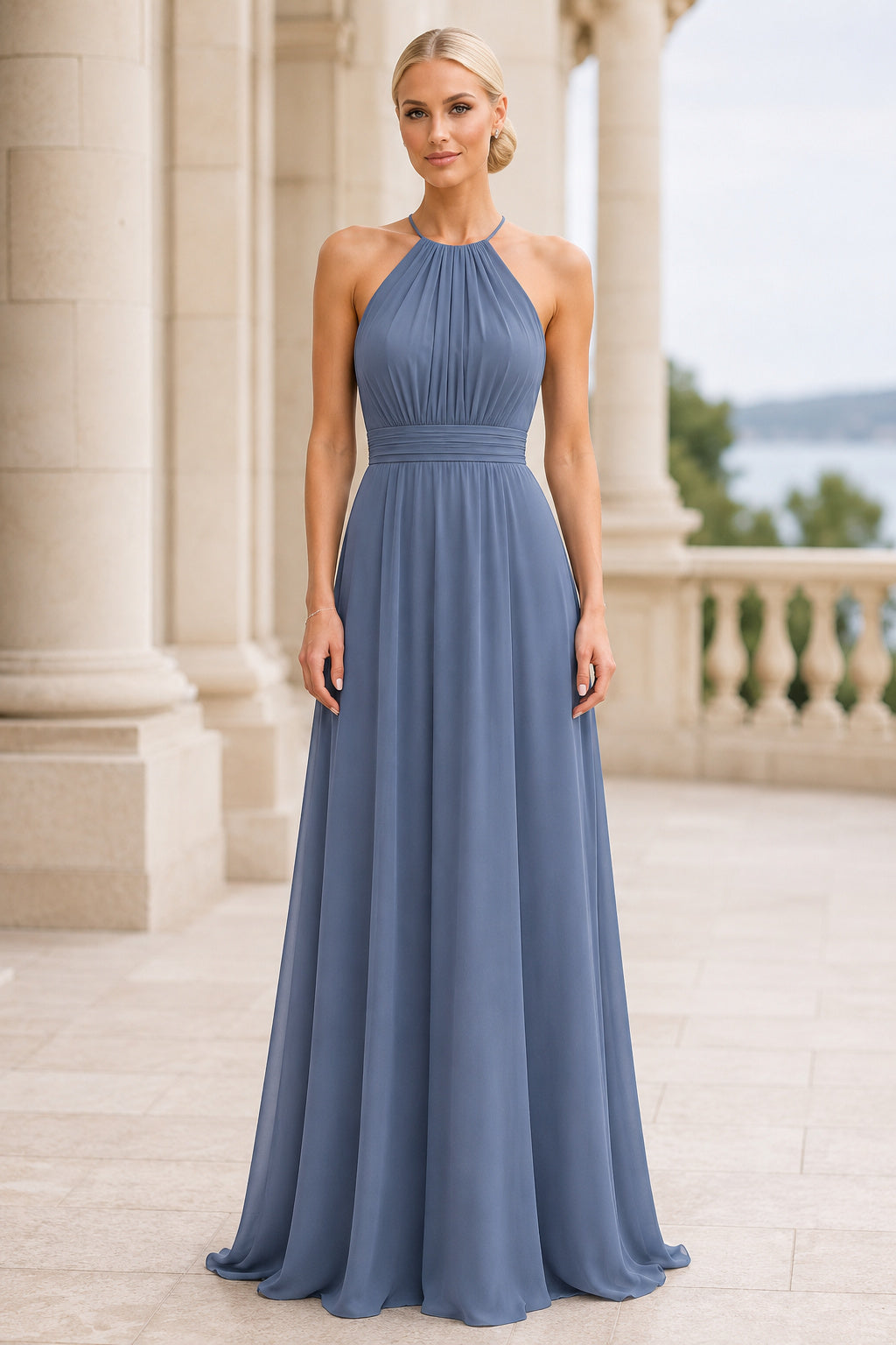 Steel Blue Halter Chiffon A-Line Bridesmaid Dress with Keyhole Back and Pleated Skirt front view
