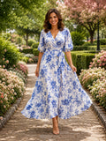 Blue floral V-neck half sleeve wrap A-line midi dress front view