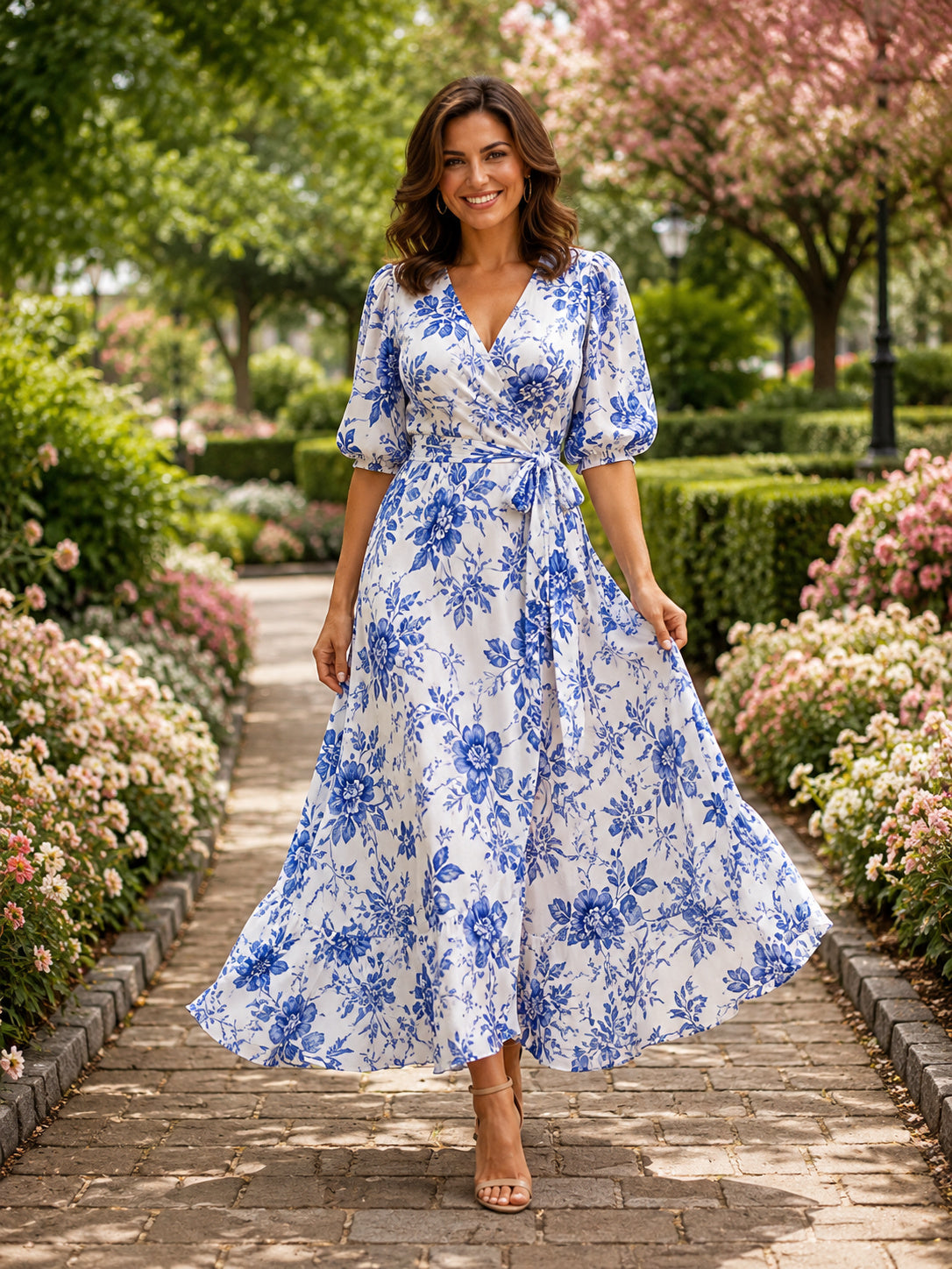 Blue floral V-neck half sleeve wrap A-line midi dress front view