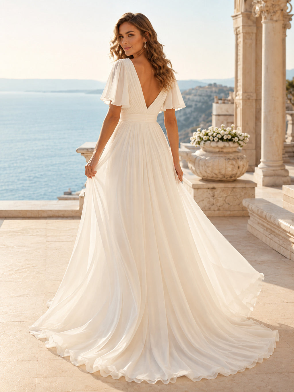 Beach Chiffon Wedding Dress A-Line V-Neck Flutter Sleeve Sweep Train Low V Back Bridal Gown back view
