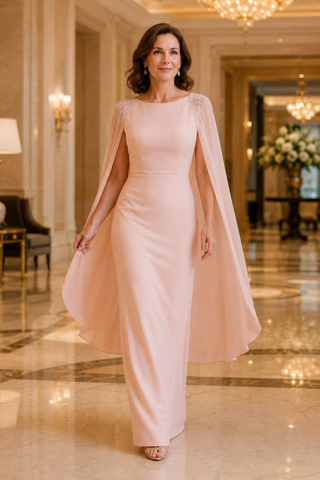 Blush Bateau Sheath Mother Dress with Plain Bodice and Flowing Cape Sleeves front view