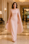 Blush Bateau Sheath Mother Dress with Plain Bodice and Flowing Cape Sleeves front view
