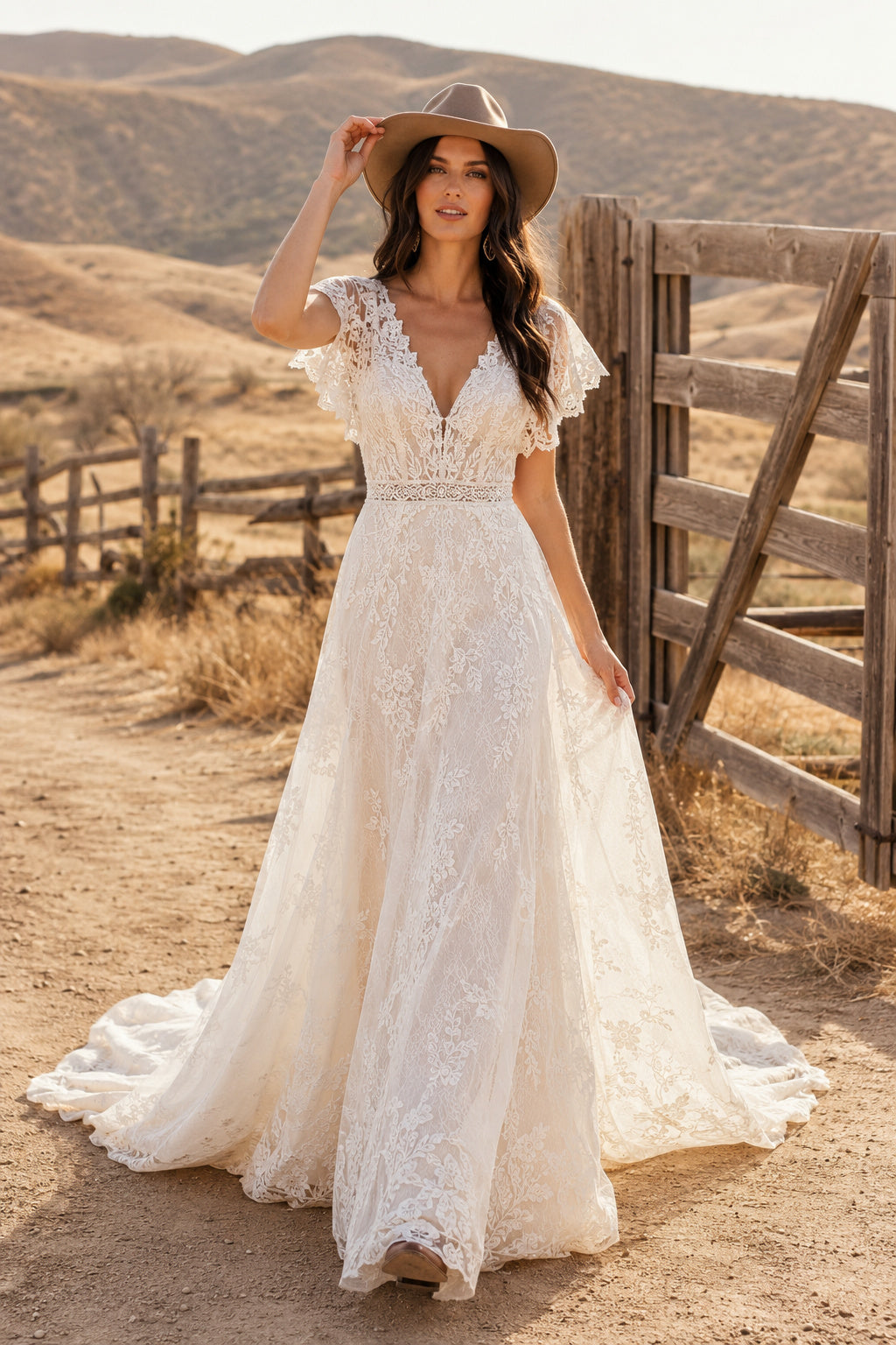 Flutter Sleeve V-Neck A-Line Wedding Dress with Lace Overlay and Sweep Train for Rustic Garden Ceremony front view