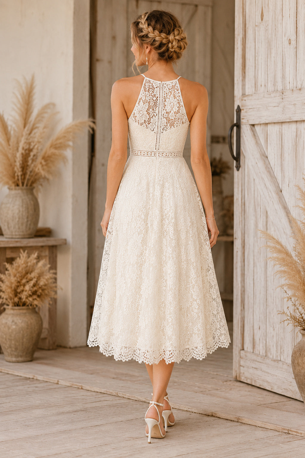 Ivory Halter High Neck Lace Tea Length Wedding Dress for Wedding Reception and Party back view