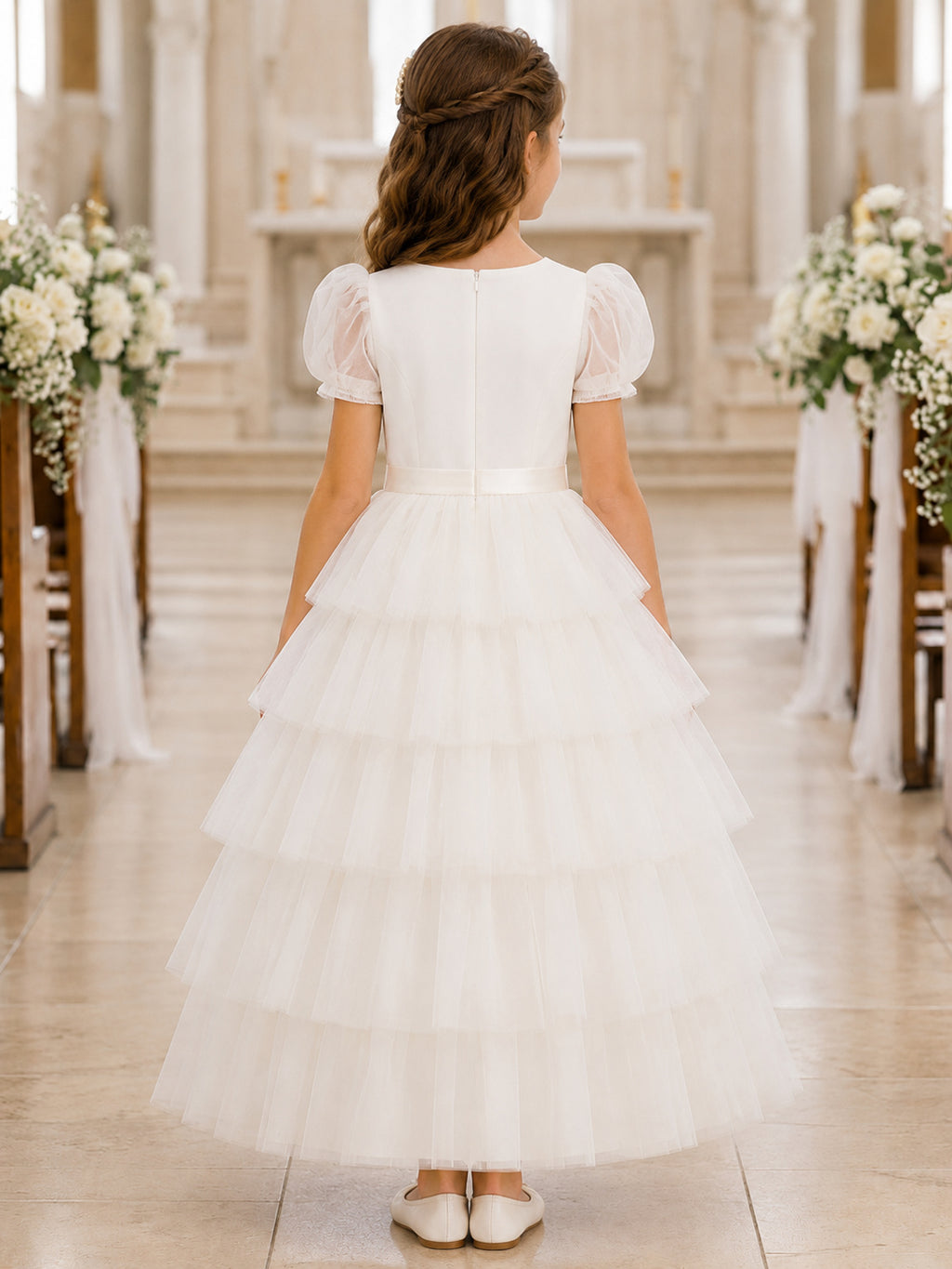 White Satin Tulle Jewel Neck Short Puff Sleeve Tiered Tulle Floor Length Communion Flowergirl Dress back view