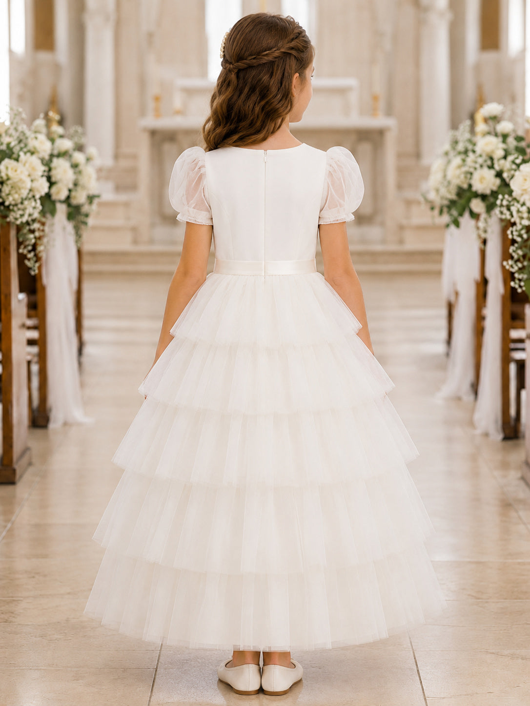 White Satin Tulle Jewel Neck Short Puff Sleeve Tiered Tulle Floor Length Communion Flowergirl Dress back view