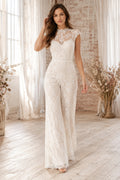Ivory Cap Sleeve Illusion Lace Bridal Jumpsuit with High Neckline front view