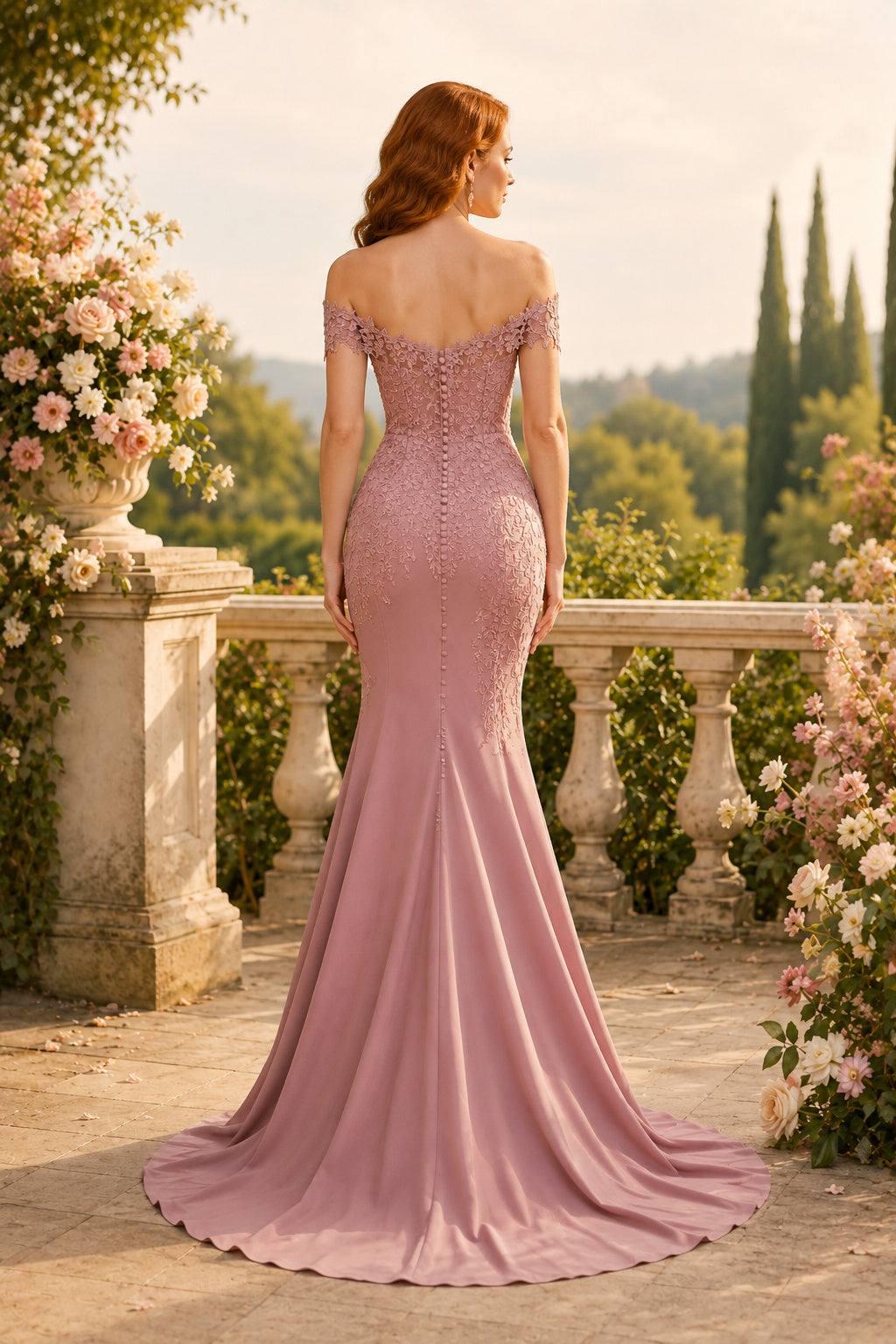 Dusty Rose Off-the-Shoulder Lace Applique Mermaid Formal Dress with Sweep Train for Prom back view