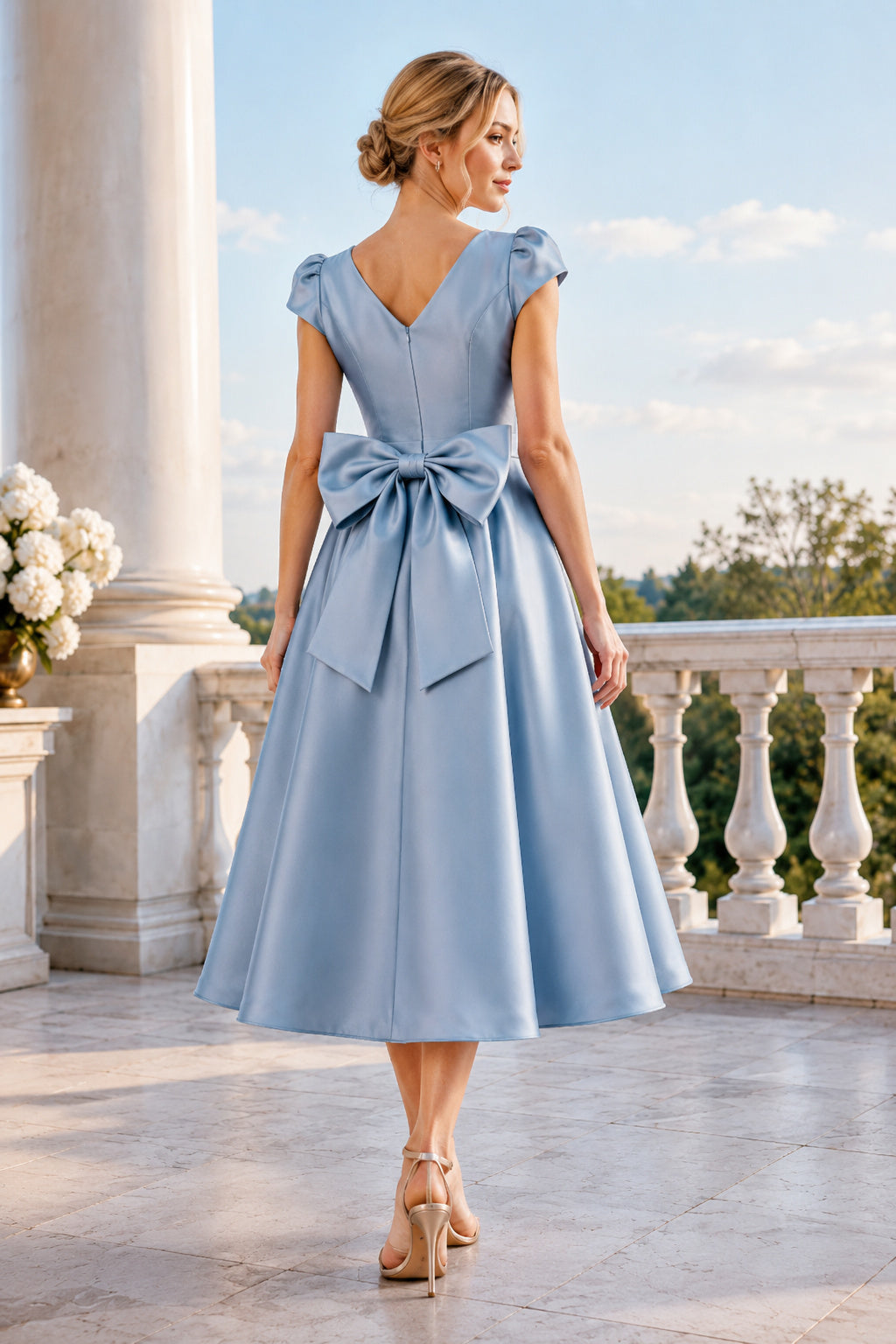 Sky Blue V-Neck Satin Tea-Length Dress with Puff Sleeves and Bow Back back view