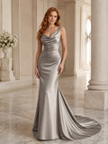 Pewter One-Shoulder Cowl Satin Mermaid Modern Wedding Gown front view