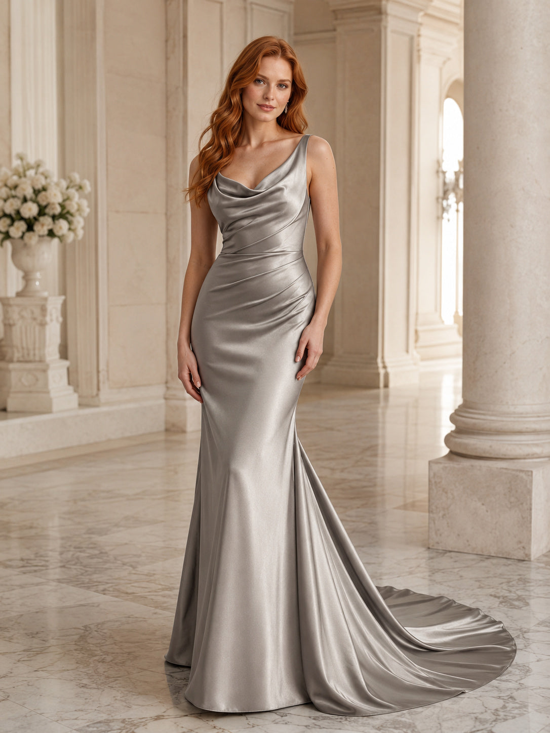 Pewter One-Shoulder Cowl Satin Mermaid Modern Wedding Gown front view