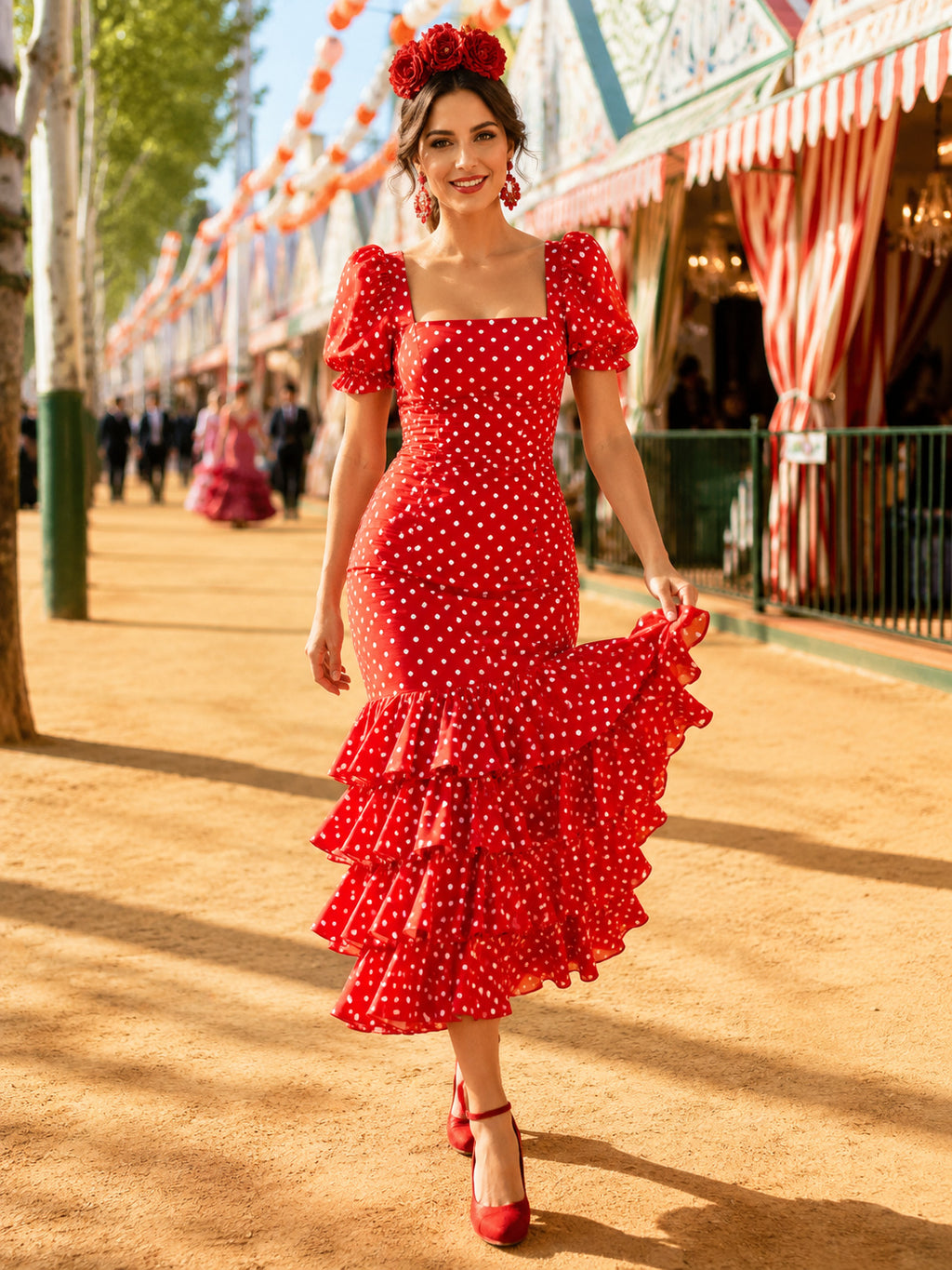 Red White Polka Dot Square Neck Puff Sleeve Tiered Mermaid High Low Feria Midi Dress front view