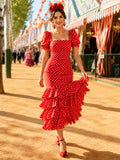 Red White Polka Dot Square Neck Puff Sleeve Tiered Mermaid High Low Feria Midi Dress front view