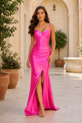 Fuchsia Spaghetti Strap Satin Mermaid Formal Dress with Lace-Up Back and Slit front view