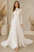 High Neck Long Sleeve A-Line Wedding Dress with Clean Bodice and Chiffon Train for Beach Garden Ceremony front view