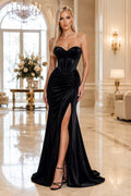 Black Strapless Black Mermaid Gown with Thigh Slit and Ruched Skirt Floor Length And Sweep/Brush Train Mermaid Trumpet Prom D