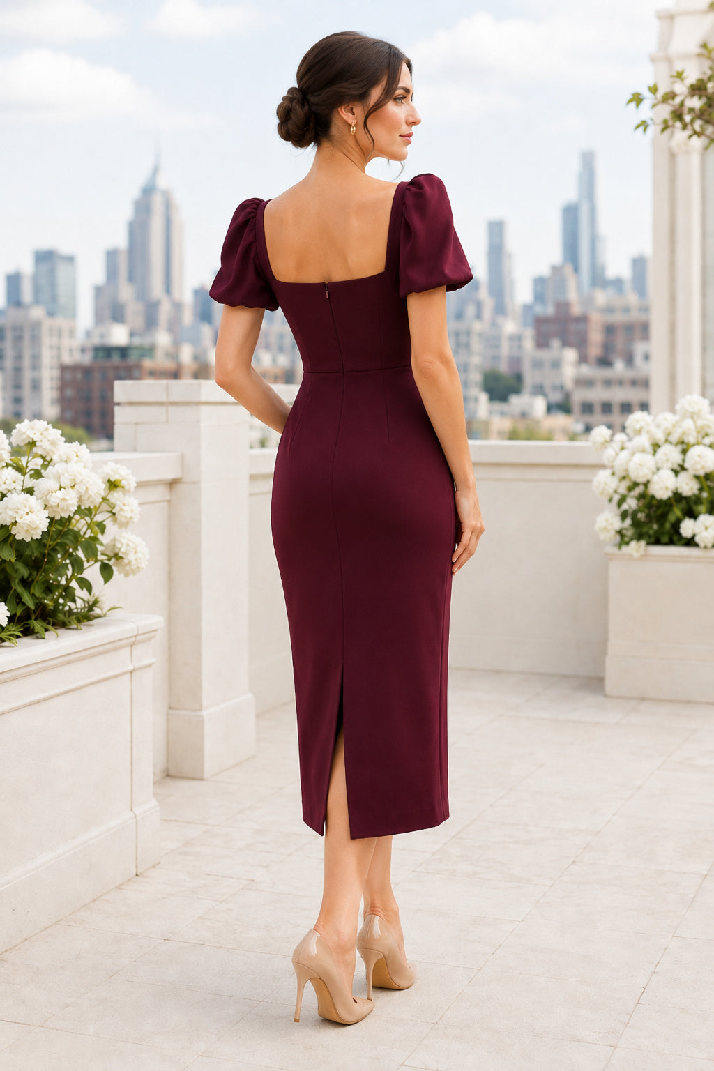 Lavender Semi Formal Wedding Guest Sheath Dress back view