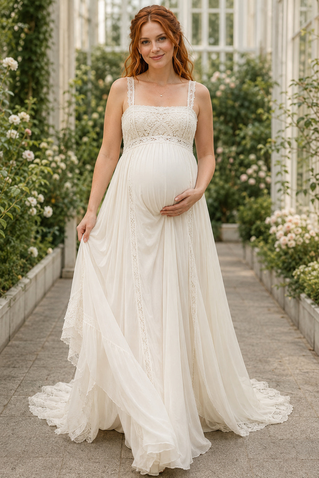 Ivory Maternity Square Neck Sleeveless Chiffon A-Line Wedding Dress with Lace Waist front view