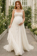Ivory Maternity Square Neck Sleeveless Chiffon A-Line Wedding Dress with Lace Waist front view
