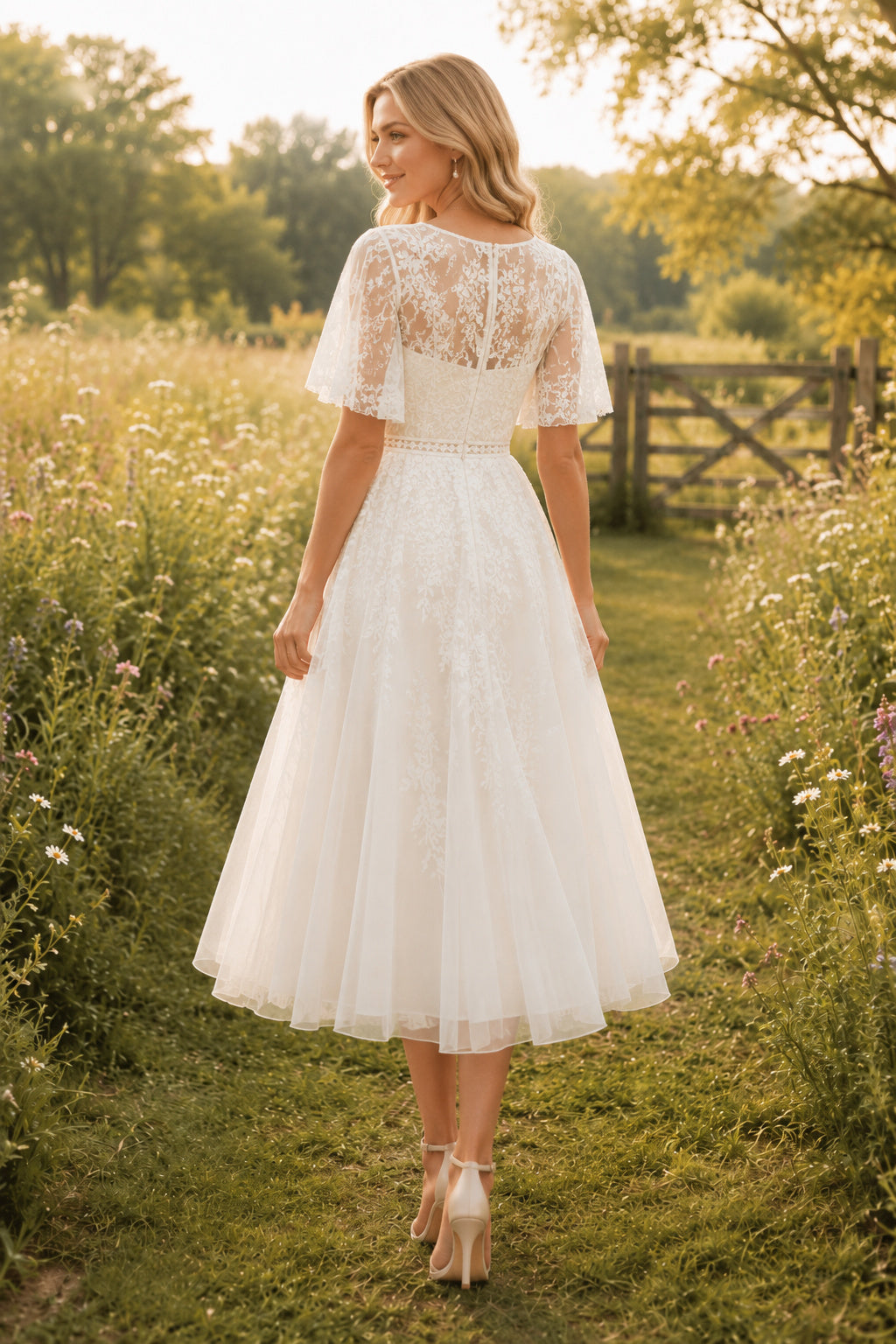 Tea Length V-Neck Wedding Dress with Flutter Lace Sleeves and Soft Tulle Skirt for Garden Reception Party back view