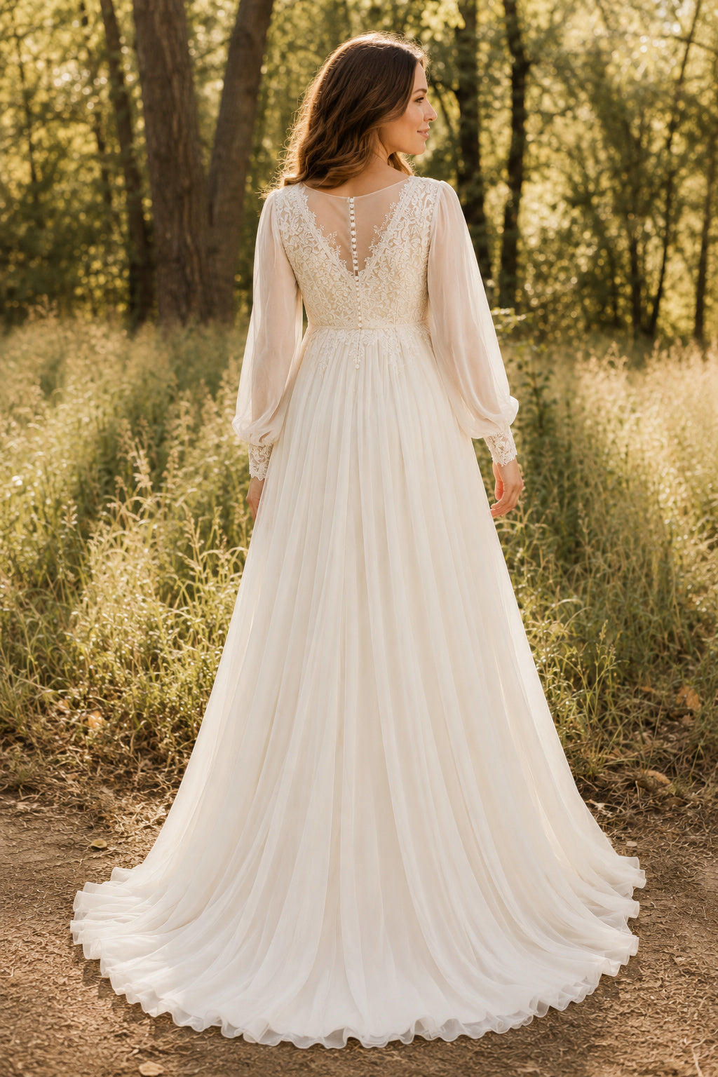 Ivory Maternity V-Neck Long Sleeve Chiffon A-Line Wedding Dress with Lace Back back view