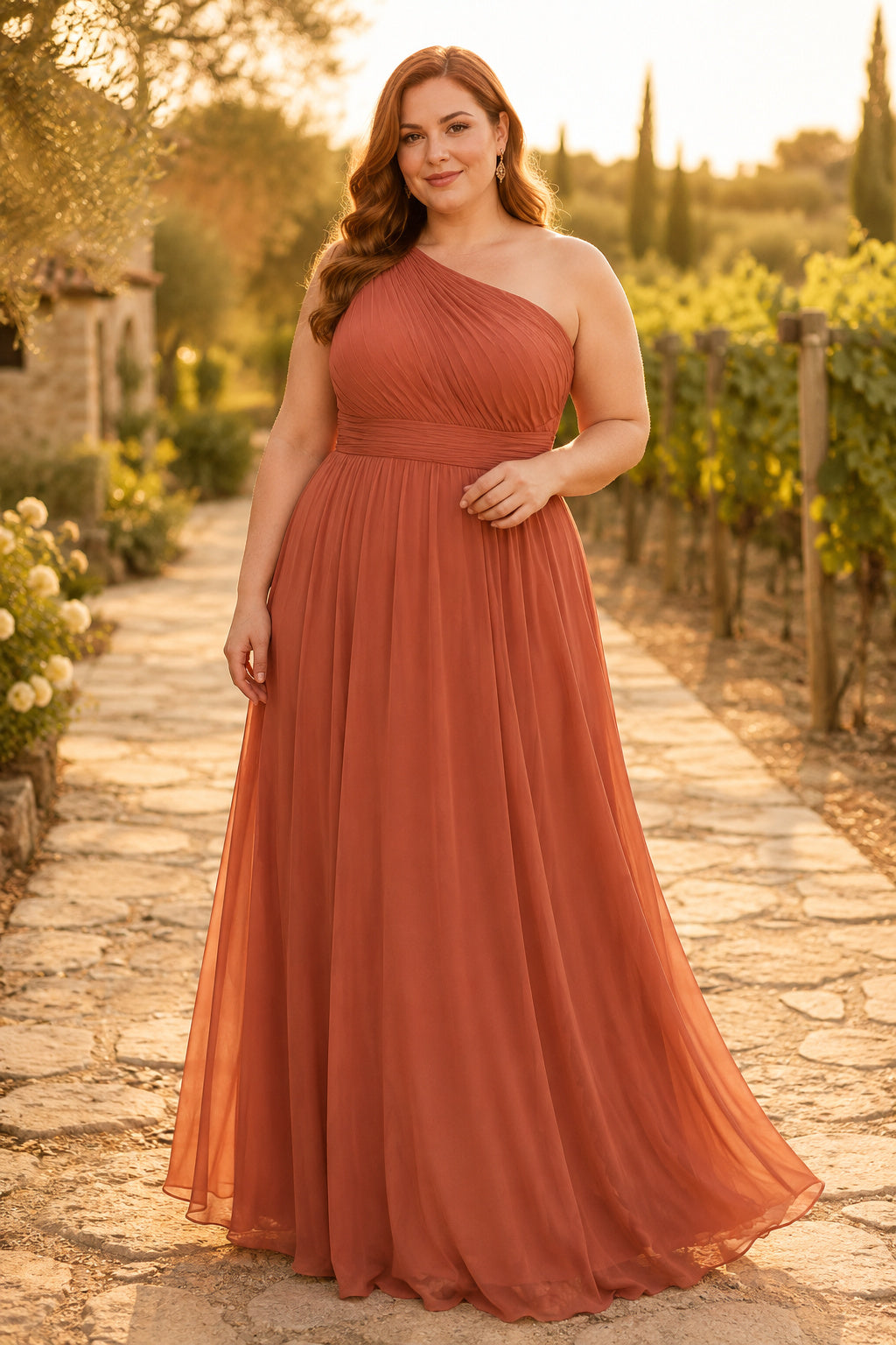 Orange Plus Size One-Shoulder Chiffon A-Line Bridesmaid Dress with Pleated Bodice front view