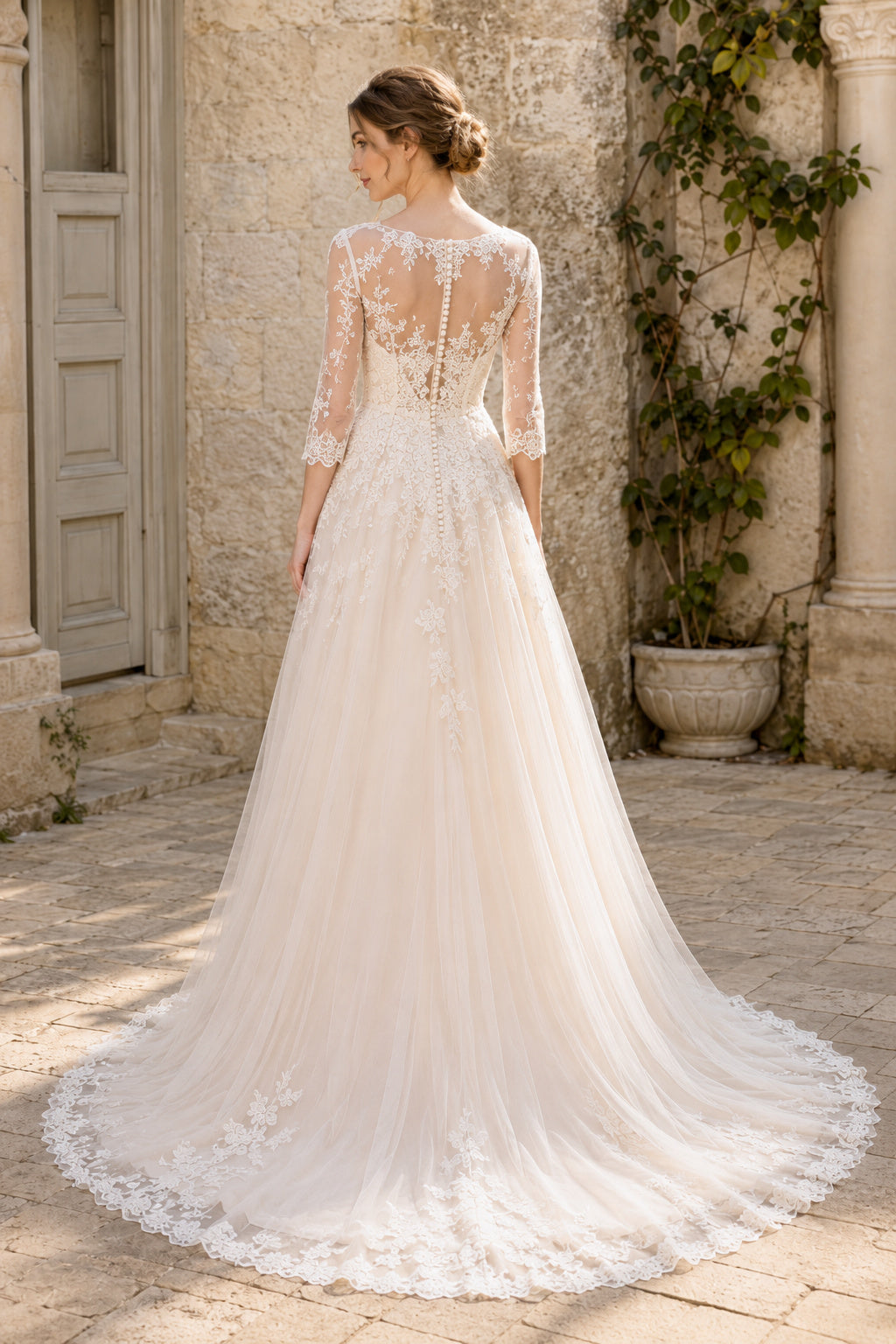 Bateau Three Quarter Sleeve A-Line Wedding Dress with Lace Bodice and Tulle Train back view