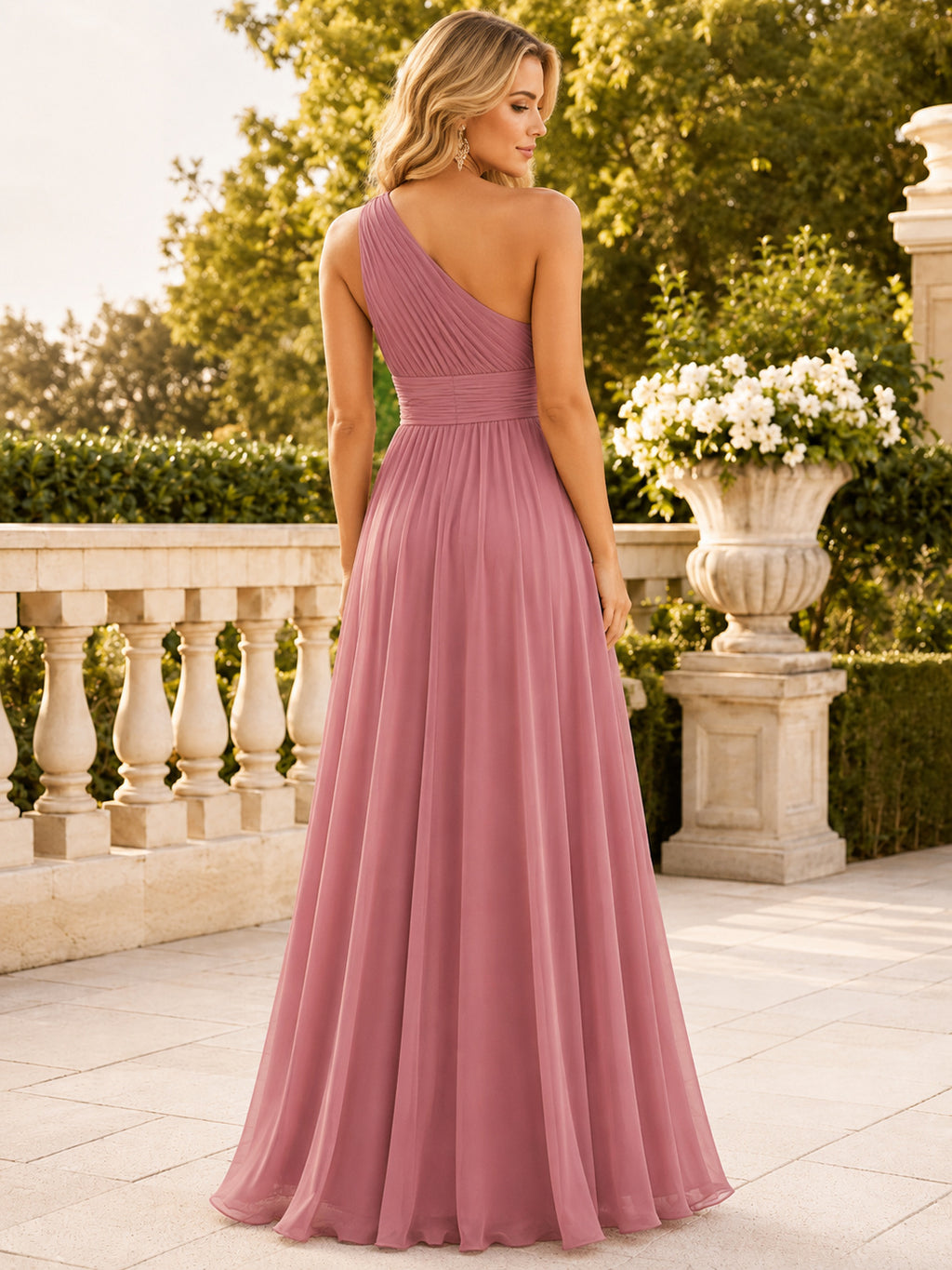 Dusty Rose One Shoulder Chiffon A Line Formal Dress Style 342273 front view