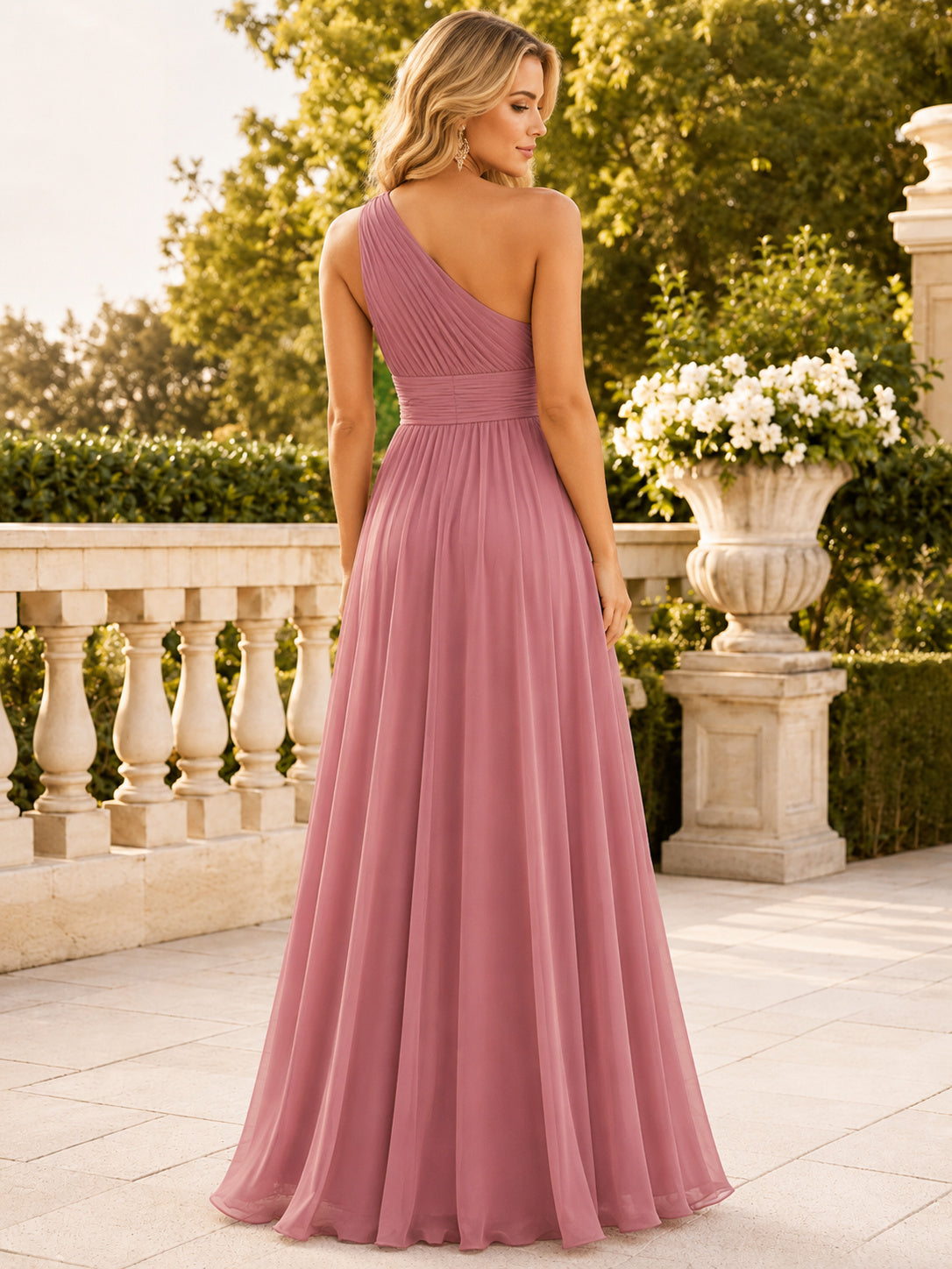 Dusty Rose One Shoulder Chiffon A Line Formal Dress Style 342273 front view
