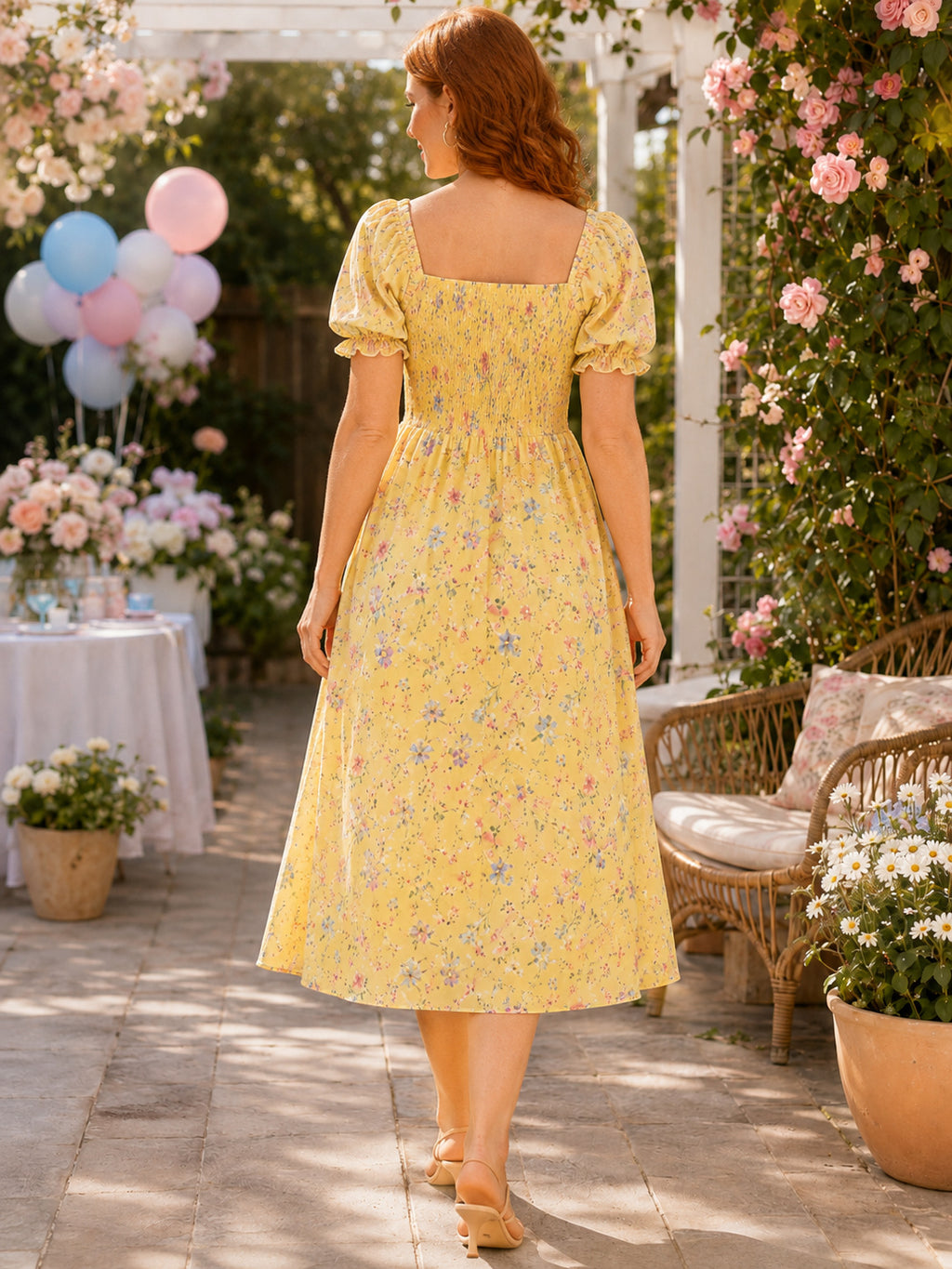 Yellow floral square neck puff sleeve A-line midi dress back view